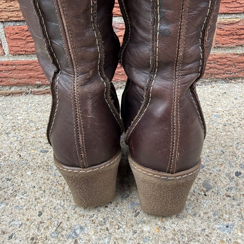 Vintage Brown Leather Wedge Boots Womens IT 39 US 8.5 Knee High Square Toe Y2K - Picture 12 of 15